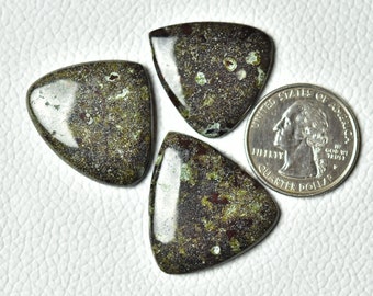 May include: Three triangular green and brown gemstone cabochons with a speckled pattern. The cabochons are approximately the size of a US quarter.