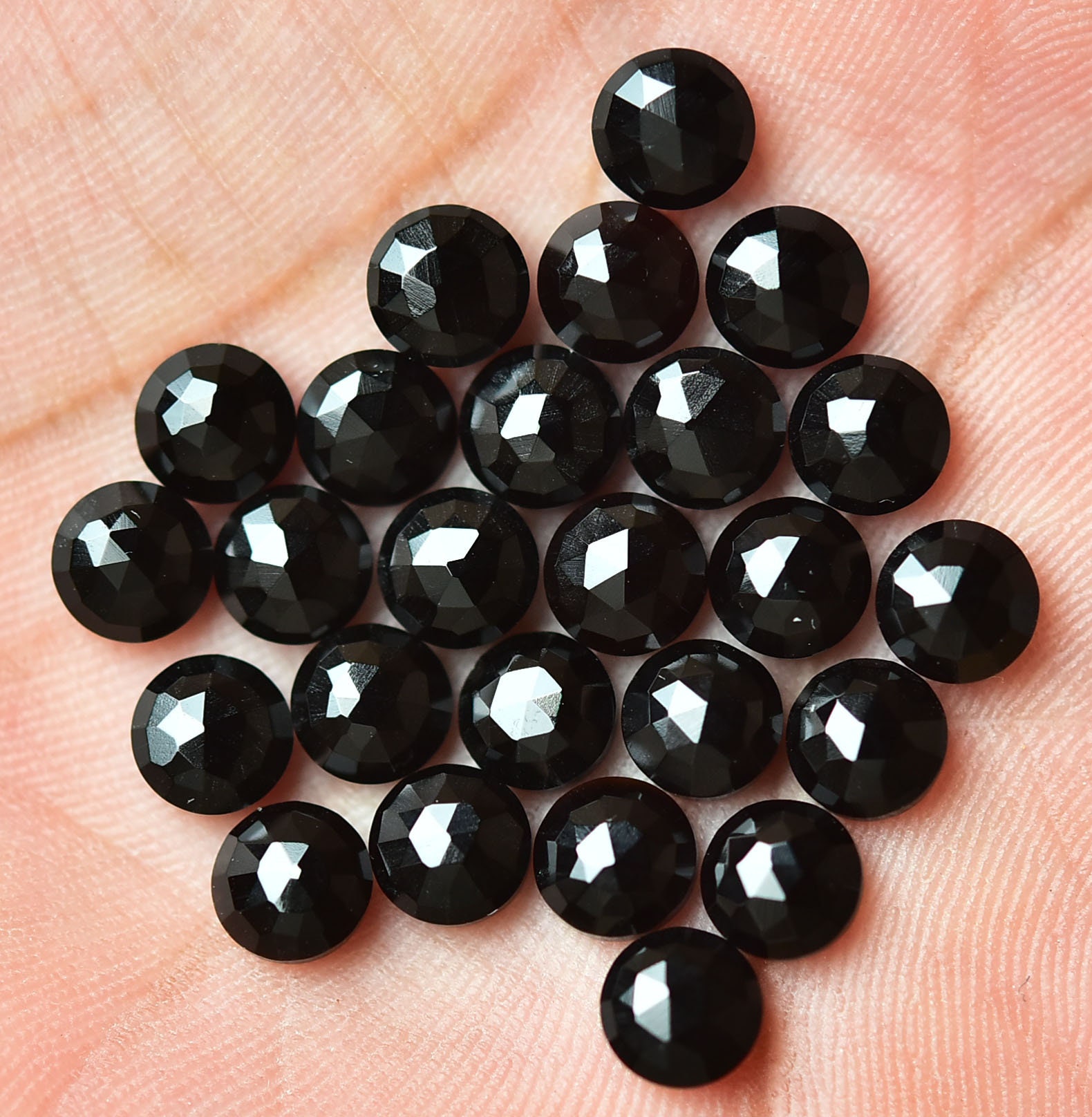 10 Pieces Natural Black Onyx Faceted Gemstones Lot 3mm 4mm 5mm 6mm Round Shape Flat Back Onyx Loose Gemstone Rose Cut Stone Cabochons C-5363