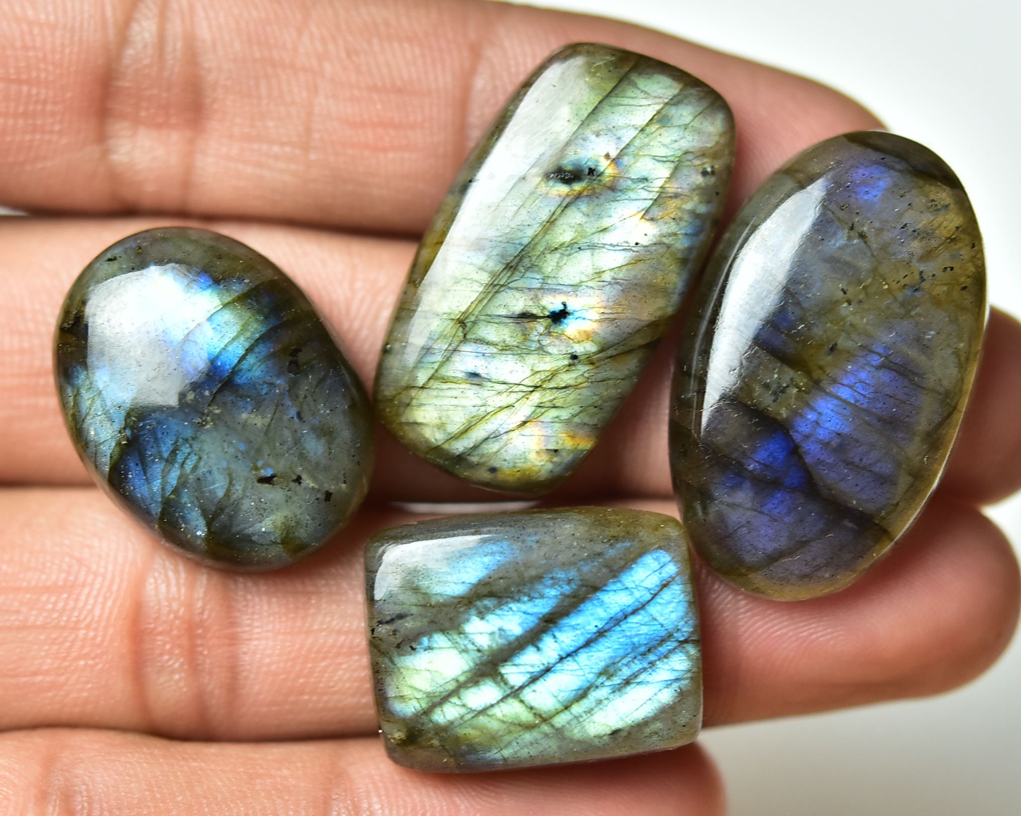 天然ラブラドライトカボション 4個セット 16 x 21 mm～19 x 30 mm