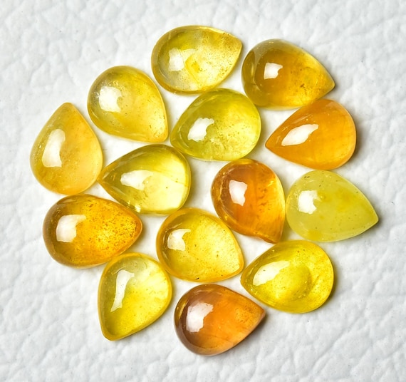 2 Pieces Natural Yellow Sapphire Cabochons Lot 7x9mm to 7.5x9.5mm Pear Shape Glass Filled Sapphire Gemstones Loose Stones Smooth Cabs C-3109