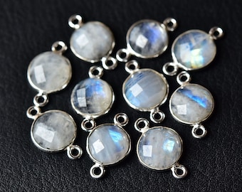 2 Pcs Rainbow Moonstone Connectors Silver Plated Connector 10mm Round Connector Gemstone Connectors Double Bail Gem Stones Charm C-18149