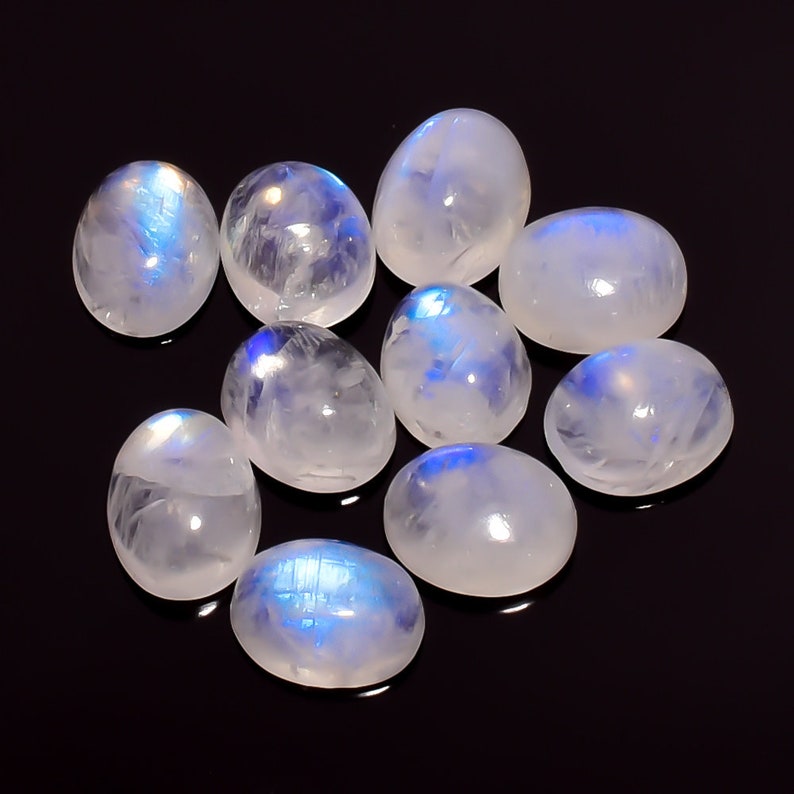 10 Pieces Natural Rainbow Moonstone Cabochons Lot 8x10mm to 8.5x10.5mm Oval Shape White Moonstone Gemstones Loose Stones Smooth Gems Cabs