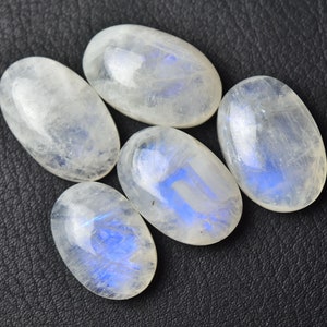 5 Pieces Natural Rainbow Moonstone Cabochons Lot 14x19mm to 15x22mm Oval Shape White Moonstone Gemstone Loose Stones Smooth Gems Cabs C-8995