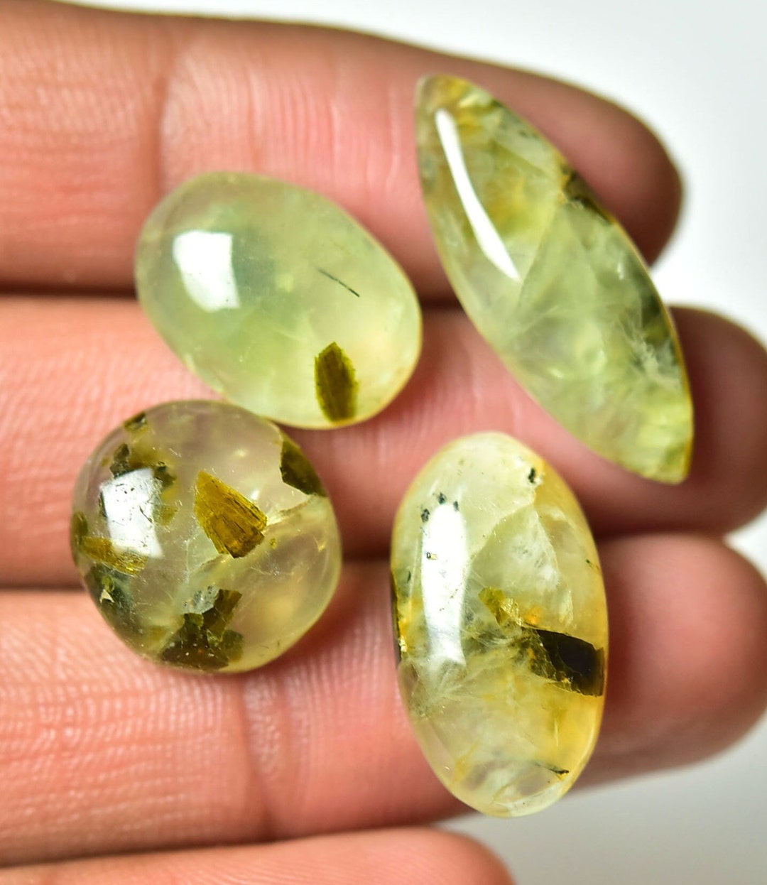 Natural Prehnite Cabochons | Mix Shape Green Gemstones for Jewelry Making - 10 Pieces