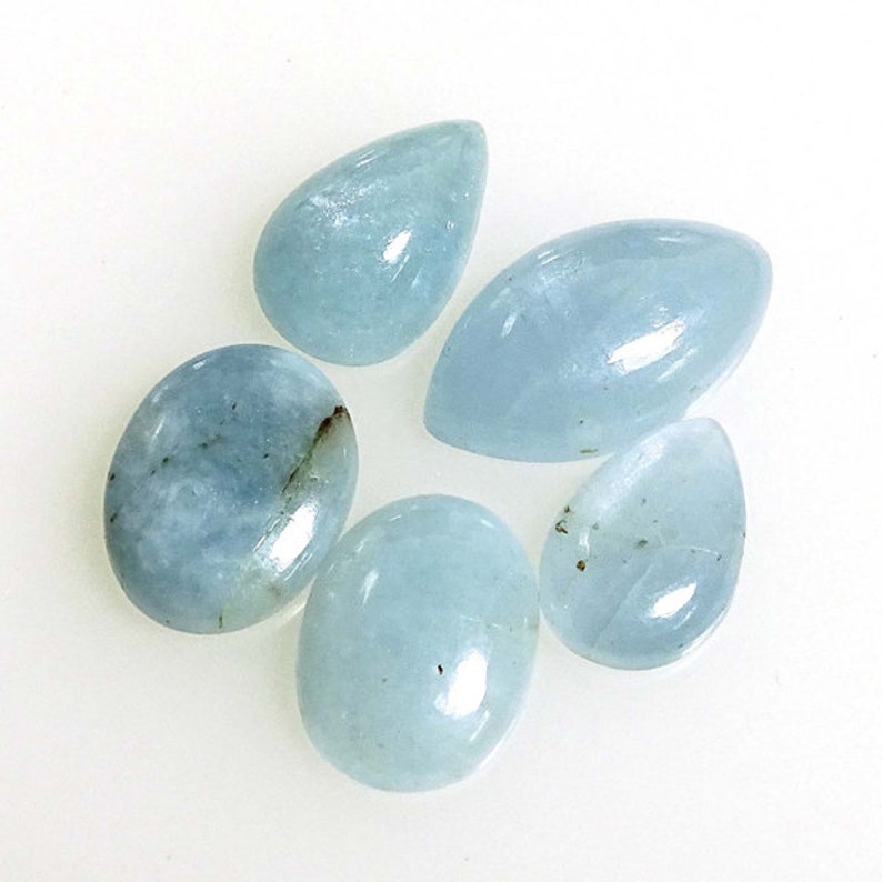 5 Pieces Natural Aquamarine Cabochons Lot 8x12mm to 9x16mm Mix Shape Genuine Aquamarine Gemstones Cabs Loose Stones Smooth Gems Cab