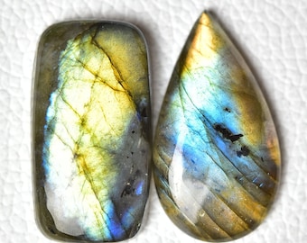 2 Pieces Natural Labradorite Cabochons Lot 18x33mm to 19x34mm Mix Shape Flashy Labradorite Gemstones Smooth Cabochon Gems Stones Cab C-13406