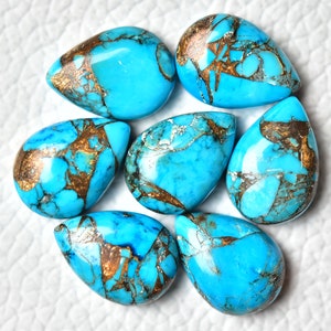 2 Pieces Blue Copper Turquoise Cabochons 8x12mm 10x14mm Pear Shape Mojave Turquoise Gemstones Calibrated Cabochon Flat Back Stone C-21534