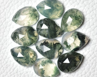 3 Pieces Natural Moss Agate Faceted Gemstones Lot 8.8x12mm-9x12.5mm Pear Shape Flat Back MossAgate Gemstone Rose Cut Stone Cabochons C-10769
