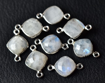 2 Pcs Rainbow Moonstone Connector Silver Plated Connector 10mm Cushion Faceted Gemstone Connector Double Bail Connector Stone Charms C-21615