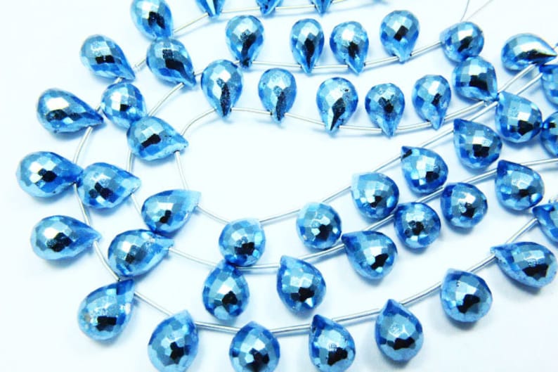 Natural Stone 8 Full Strand Natural Blue Coated Pyrite Gemstone Briolette Size 10x8mm Faceted Tear Shape 13x9mm Real Gemstone