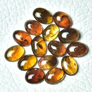 May include: A collection of 15 oval-shaped, translucent gemstones with a variety of brown and yellow hues. The stones have a glossy finish and appear to be cut and polished.
