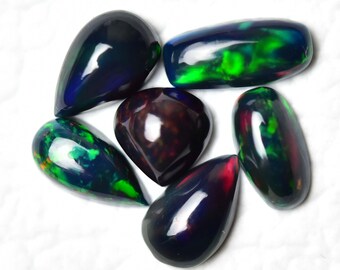 6 Pieces Natural Black Ethiopian Opal Cabochons Lot 4x7.5mm - 5x8mm Mix Shape Dyed Fire Opal Gemstone Smooth Gems Loose Stones Cab C-14232