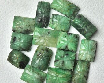 2 Piece Natural Emerald Carved Cabochons 11x15mm to 13.5x17mm Cushion Shape Emerald Gemstones Carving Loose Gems Stones Smooth Cabs C-5928