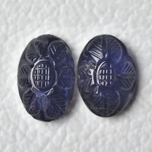 2 Piece Natural Iolite Carved Cabochons 10.5x14.7mm to 10.5x15.5mm Oval Genuine Iolite Carving Gemstone Loose Stones Semi Precious C-21010