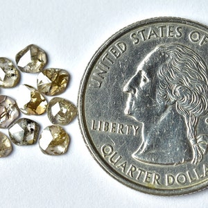 May include: A group of 12 small, rough-cut, light brown diamonds, with some black inclusions, next to a US quarter for size comparison.