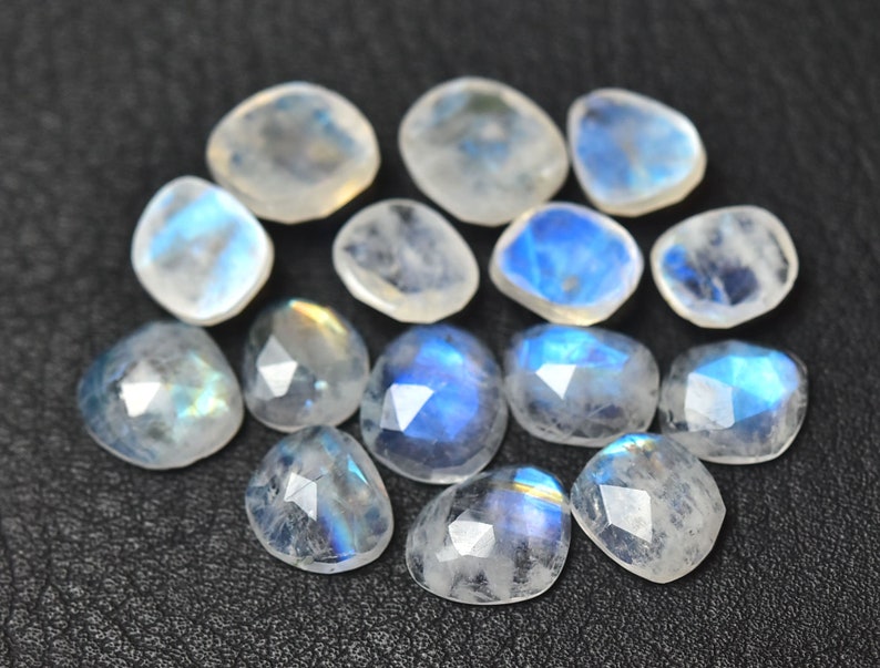 5 Pieces Natural Rainbow Moonstone Lot Faceted Slice 7x8mm to 8x9mm Rare White Moonstone Slice Flat Back Rose Cut Slices Cabochon C-17026 image 4