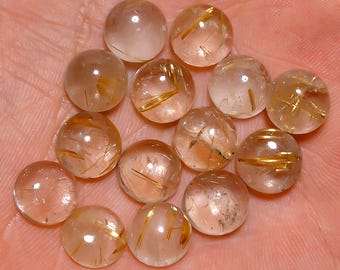 Lote de 4 cabujones de rutilo dorado natural de 9 mm, forma redonda, gemas de rutilo auténticas, cabujones sueltos, piedras semipreciosas C-5071