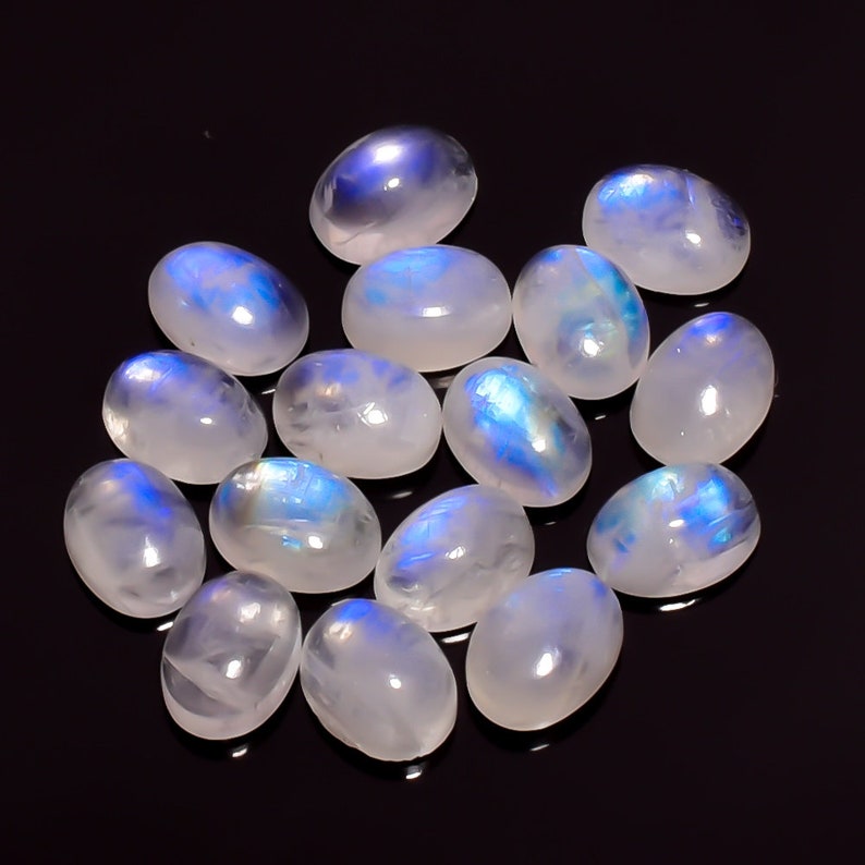 8 Pieces Natural Rainbow Moonstone Cabochons Lot 6x8.3mm to 6.5x8.5mm Oval Shape White Moonstone Gemstones Loose Stones Smooth Gems Cabs