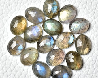 Lotto di 3 pietre preziose sfaccettate di labradorite naturale da 7 x 9 mm e 8 x 10 mm, forma ovale, taglio a rosa, pietre preziose di labradorite sfuse, cabochon C-10104