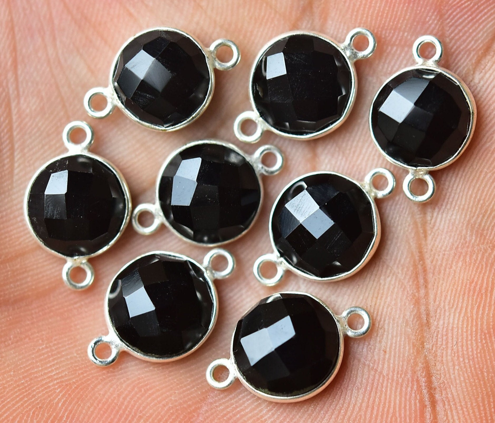 2 Pcs Black Onyx Connectors Silver Plated Connectors 11mm to 11.5mm Round Gemstones Charm Double Loop Connectors Gems Stone Charms C-21583