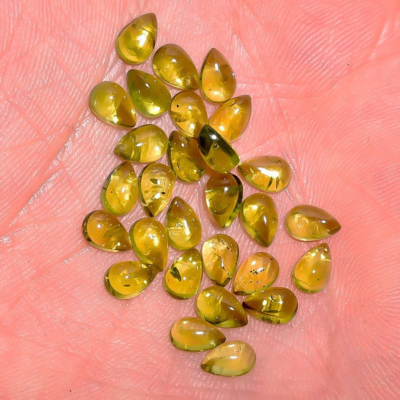 14 Pieces Natural Olive Peridot Cabochons Lot 3.8x5.5mm to 4x6mm Pear Shape Genuine Peridot Gemstones Cab Loose Stones Smooth Gems Cabs