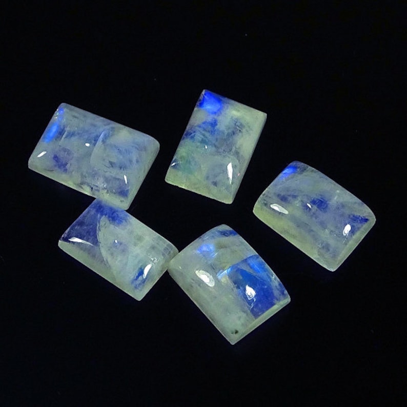 5 Pieces Natural Rainbow Moonstone Cabochon 8x12.5mm to 10x14mm Rectangle Shape Gemstone Cabochon Loose Gem Stone Cabs Lot Smooth Gems
