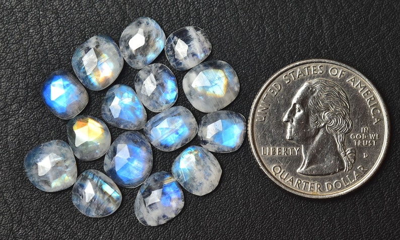 5 Pieces Natural Rainbow Moonstone Lot Faceted Slice 7x8mm to 8x9mm Rare White Moonstone Slice Flat Back Rose Cut Slices Cabochon C-17026 image 5