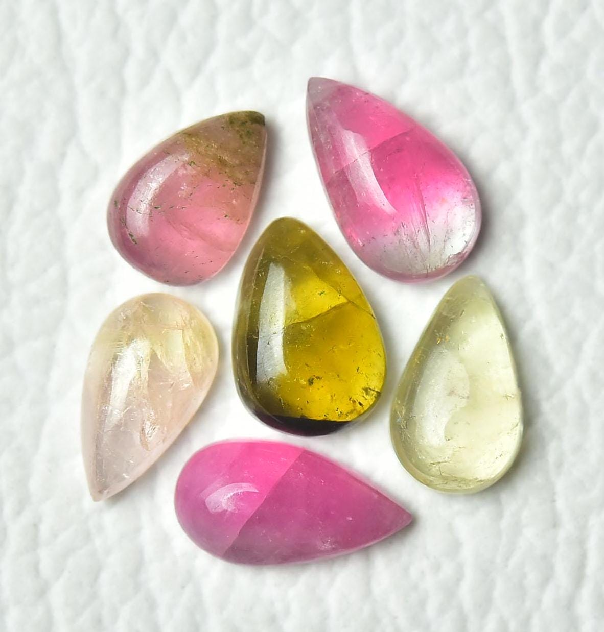 6ピース 天然マルチトルマリンカボション ペアシェイプ 6.7x9.8 mm