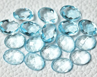 5 sztuk naturalnych, błękitnych topazów fasetowanych, zestaw 6 x 8 mm, owalne, niebieskie topazy, szlif różany, płaskie, luźne kaboszony C-3189