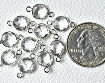 3 Pcs Natural Rock Crystal Silver Plated Connectors 9mm Round Bezel Gemstone Charms Double Bail Connector C-18146