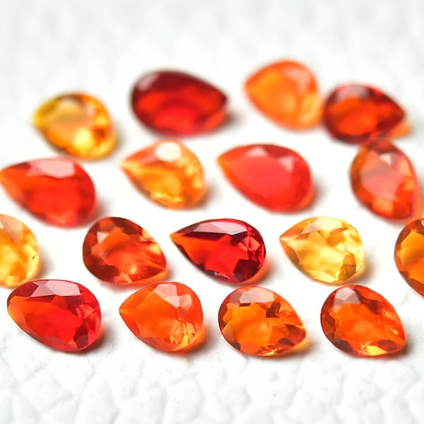 4 Pieces Natural Mexican Fire Opal Gemstones Lot 3x5.5mm - 3x5mm Pear Shape Genuine Opal Faceted Gems Stone Loose Cut Stones C-4555