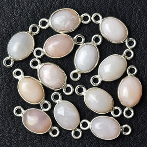 2 Pcs Pink Opal Connector Silver Plated Connectors 6.5x8.5mm- 7x9mm Gemstones Bezel Charms Oval Cabochon Double Bail Connector Charm C-21599