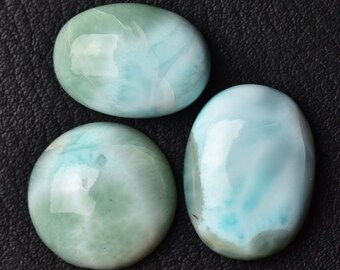 Lot de 3 cabochons en larimar véritables, 13 x 18 mm, 15 x 20 mm, forme ronde, ovale, pierres précieuses en larimar, pierres précieuses lisses, cabochons en vrac, pierre précieuse C-13008