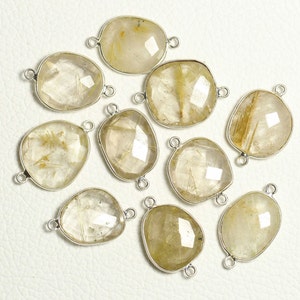 2 Pcs Golden Rutile Connector 925 Solid Sterling Silver Connectors 14x16mm - 14x17mm Gemstone Bezel Connector Double Bail Connectors C-21432