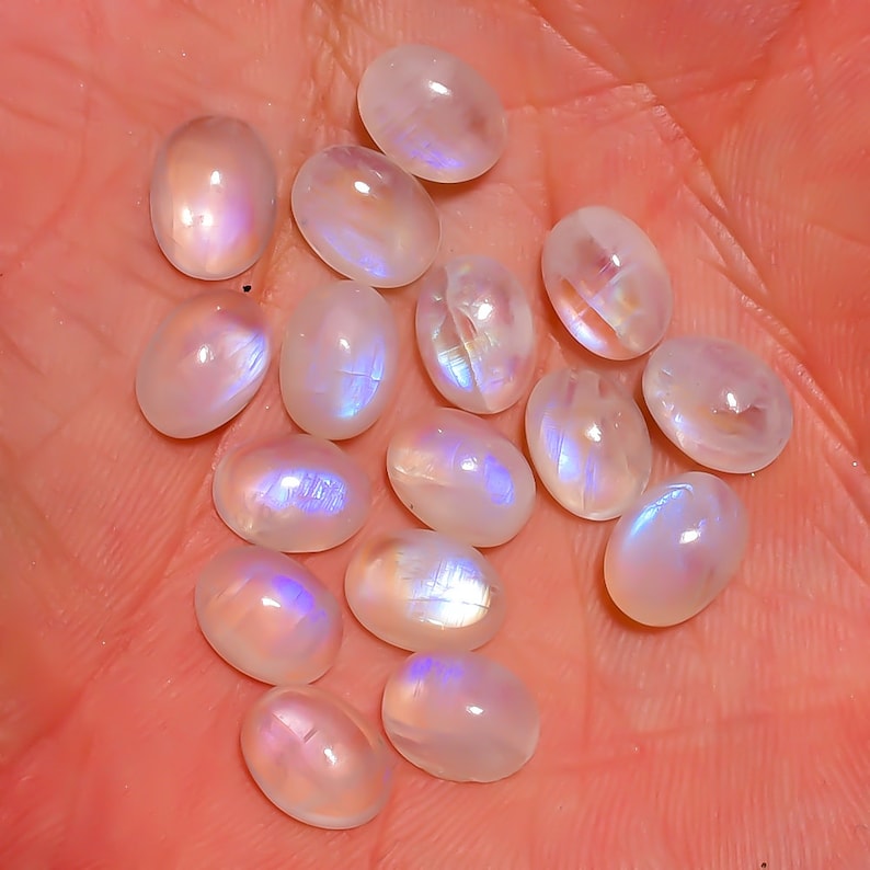 8 Pieces Natural Rainbow Moonstone Cabochons Lot 6x8.3mm to 6.5x8.5mm Oval Shape White Moonstone Gemstones Loose Stones Smooth Gems Cabs