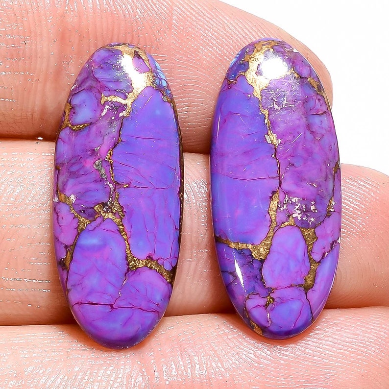 2 Pieces Mojave Copper Turquoise Cabochons Lot 11x25mm Oval Shape Purple Turquoise Gemstones Smooth Gems Cabs Loose Stones