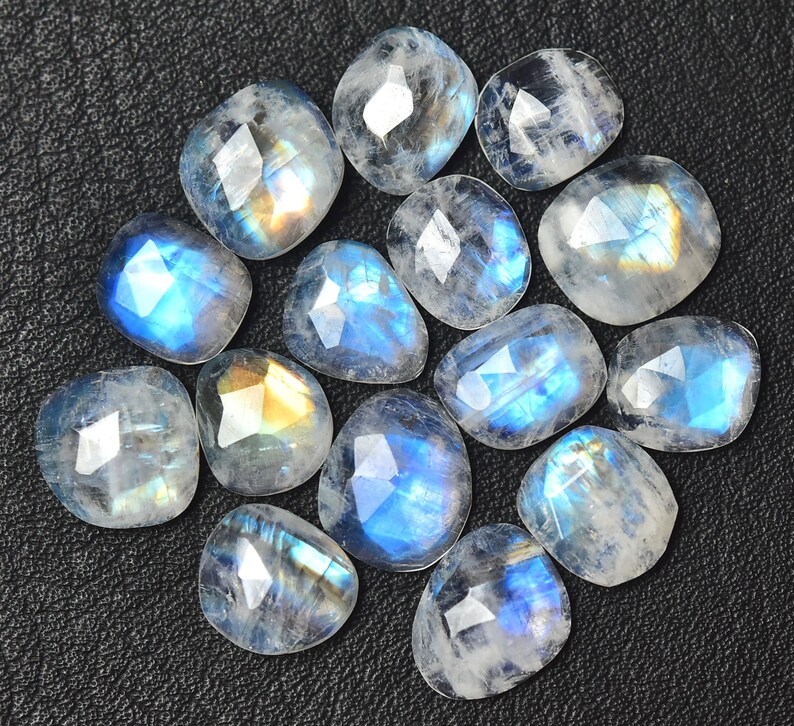 5 Pieces Natural Rainbow Moonstone Lot Faceted Slice 7x8mm to 8x9mm Rare White Moonstone Slice Flat Back Rose Cut Slices Cabochon C-17026 image 2