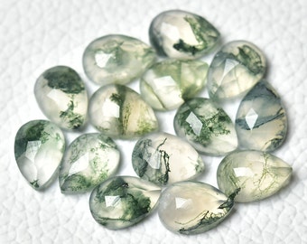 5 Pieces Natural Moss Agate Faceted Gemstones Lot 6x9mm - 7x10mm Pear Shape Flat Back MossAgate Gemstone Loose Cab Rose Cut Cabochon C-10768