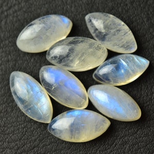 2 Pieces Natural Rainbow Moonstone Cabochons Lot 5x15mm- 8.5x16mm Marquise Shape White Moonstone Gemstones Loose Stones Smooth Cabs C-1839