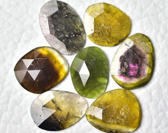 7 Pieces Natural Tourmaline Rose Cut Faceted Gemstone Odd Shape 8.5x11.5mm to 9x13mm Multi Tourmaline Slice Flat Back Cabochons C-11069