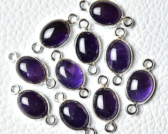 2 Pcs Amethyst Connector Silver Plated Connectors 8x9.5mm - 8x10mm Oval Gemstone Connectors Bezel Connector Double Bail Connectors C-21592
