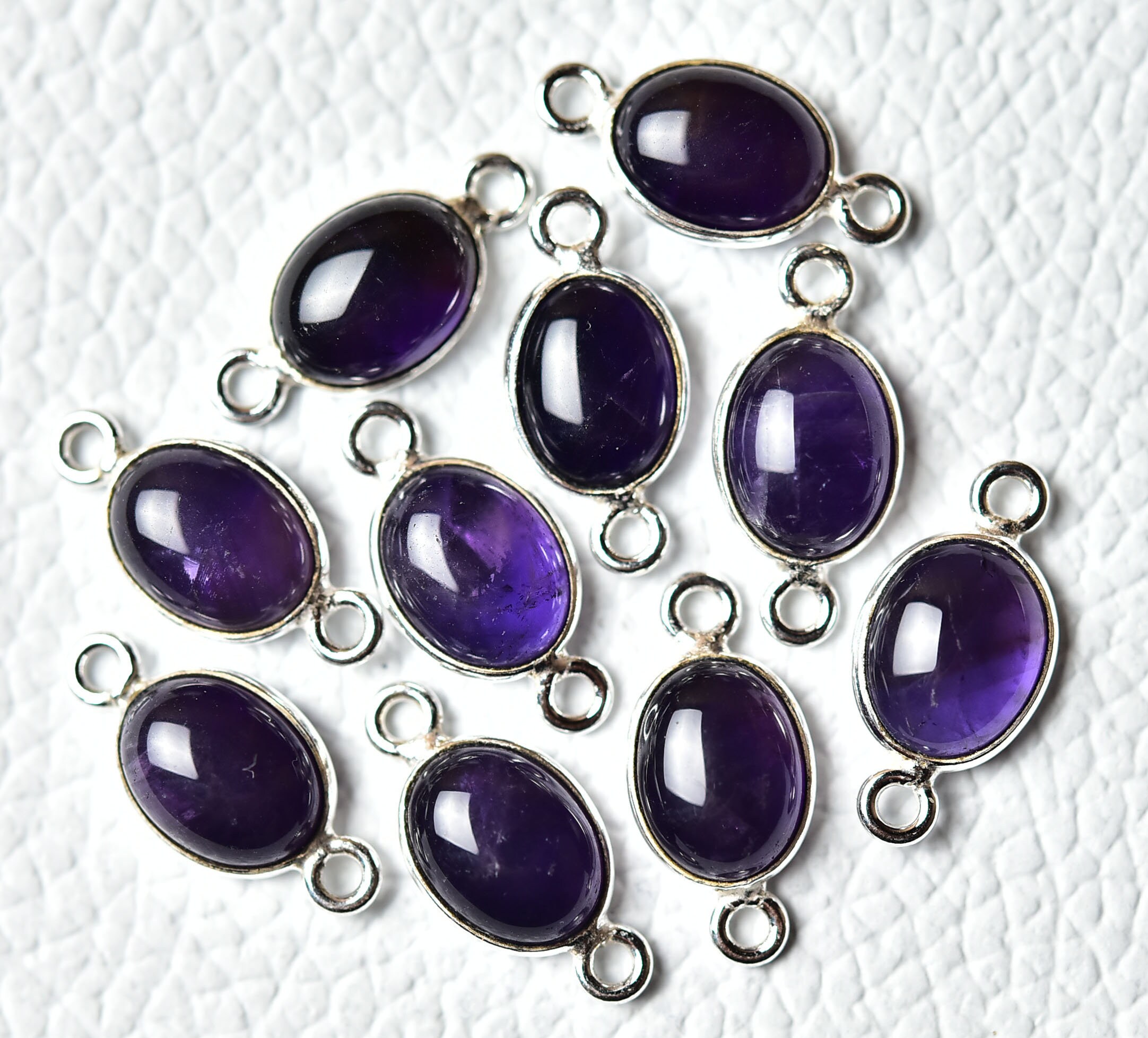 2 Pcs Amethyst Connector Silver Plated Connectors 8x9.5mm - 8x10mm Oval Gemstone Connectors Bezel Connector Double Bail Connectors C-21592
