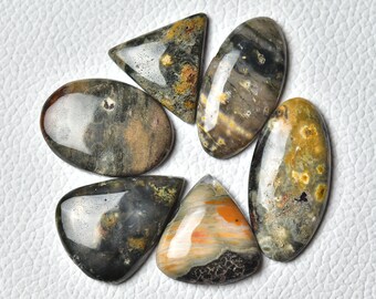6 Pieces Ocean Jasper Cabochons Lot 19x23mm to 16x34mm Mix Shape, Natural Jasper Gemstones Cabs Smooth Gems Loose Stones Cabochon C-6853