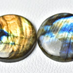 2 Pieces Natural Labradorite Cabochons Lot 32mm Round Shape Fire Labradorite Stones Loose Gemstones Cabs Smooth Gems Cabochon C-8938