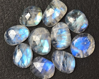 5 Pieces Natural Rainbow Moonstone Faceted Slice 7x10mm to 8.5x11mm Rare White Moonstone Flat Back Rose Cut Slices Cabochons C-17021
