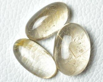 3 Pieces Natural Golden Rutile Cabochons Lot 11x21mm to 15x21mm Oval Shape Genuine Rutile Gemstones Cabs Loose Stones Gem C-9182