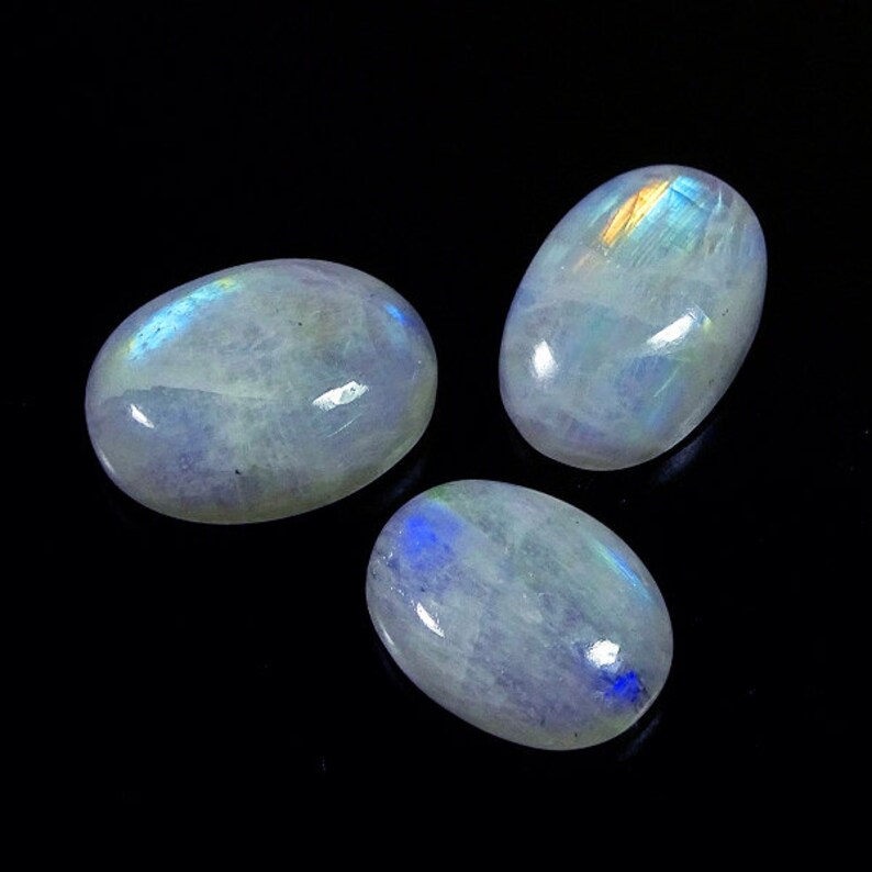 3 Pieces Natural Rainbow Moonstone Cabochons Lot 15x20mm to 16x22mm Oval Shape White Moonstone Gemstones Cab Loose Stones Smooth Gems Cabs