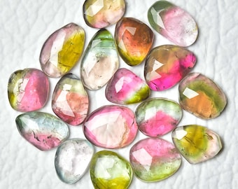 3 Pieces Natural Watermelon Tourmaline Faceted Slices 6x7mm to 6.5x8.5mm Odd Shape Rose Cut Tourmaline Gemstones Flat Back Cabochons C-5000