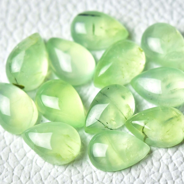 5 Pieces Natural Prehnite Cabochons Lot 8x12mm Pear Shape Natural Tourmalinated Prehnite Gemstone Cabs Loose Stones Cabochon C-16068