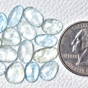 Puede incluir: Una colecci&oacute;n de 17 piedras preciosas de aguamarina azul claro, cada una con forma ovalada facetada. Las piedras est&aacute;n dispuestas en semic&iacute;rculo y tienen aproximadamente el tama&ntilde;o de una moneda de 25 centavos de d&oacute;lar estadounidense.
